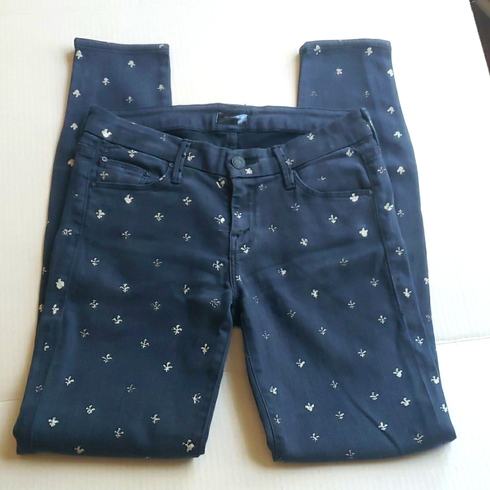 Mother The Looker Fleur De Lis Print Low Rise Skinny Fit Blue Denim Jean